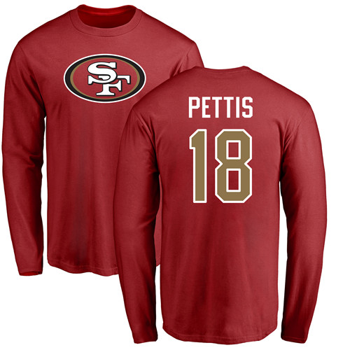 Men San Francisco 49ers Red Dante Pettis Name and Number Logo #18 Long Sleeve NFL T Shirt->nfl t-shirts->Sports Accessory